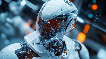 Poster - Close-up of a White Robot's Head with a Transparent Visor and Glowing Circuits