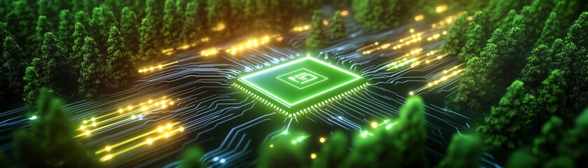 Poster - A futuristic microchip surrounded by glowing circuits, representing advanced technology and innovation in computing.