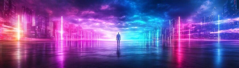 Poster - A futuristic landscape with vibrant neon lights, creating a surreal atmosphere. Perfect for technology or sci-fi themes.