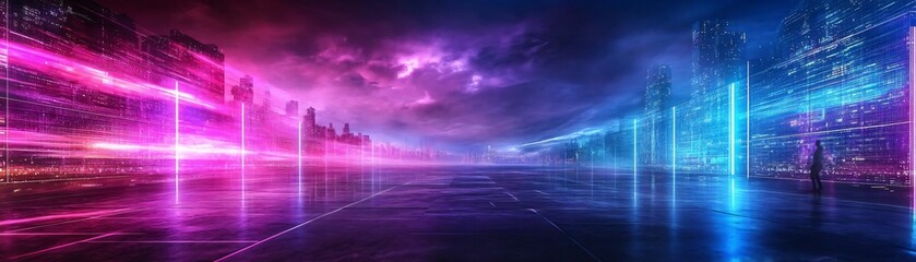 Poster - A futuristic scene with neon lights reflecting on a polished surface under a dramatic sky, perfect for technology and sci-fi themes.