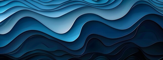 Poster - Blue background with waves, paper-cut style, dark blue and indigo tones, modernist design elements, complex layers, deep shadows