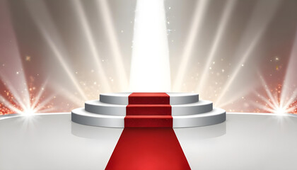 Wall Mural - white podium with a red carpet sparkling glowing background