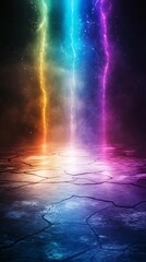 Poster - A vibrant, colorful display of light beams illuminating a cracked surface in a mystical environment. Perfect for fantasy themes.