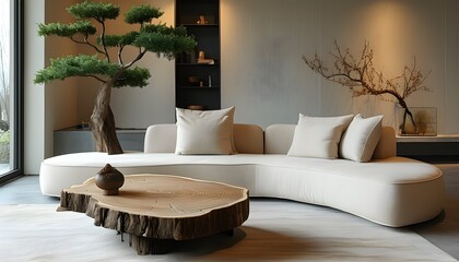 Wall Mural - Minimalist modern living room featuring an edge tree stump accent coffee table and a spacious couch in an elegant home interior design