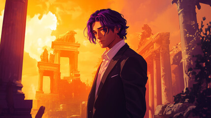 a man with purple hair and a business suit is in a desert with architectural ruins. pixel art