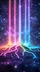 Poster - A vibrant cosmic scene with colorful light beams emanating from a starry background, creating a mesmerizing visual experience.