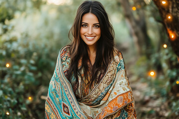 Wall Mural - Cropped portrait of a woman in a vibrant Kashmiri shawl, smiling joyfully