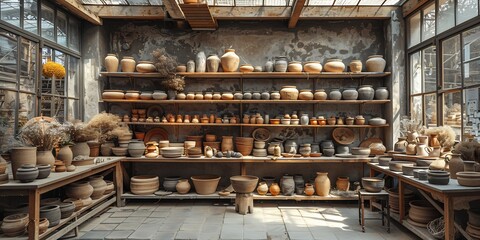 Wall Mural - Rustic pottery studio with shelves filled with handmade ceramics dried clay and pottery wheels with natural light streaming through large windows