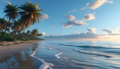 Wall Mural - Serene morning beach scene with palm trees and gentle sea waves