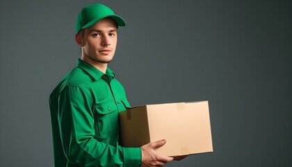 Delivery worker in green uniform and cap holding an empty cardboard box