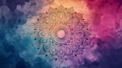 Wall Mural - Watercolor Mandala Design  Ornate Abstract Art  Blue Purple Pink Background