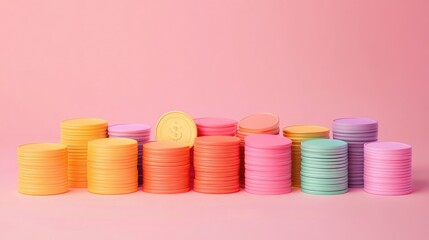 Wall Mural - Colorful stacks of coins with a dollar coin on top, on a pink background.