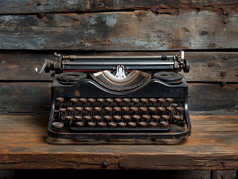 Vintage Typewriter on Rustic Wooden Background.