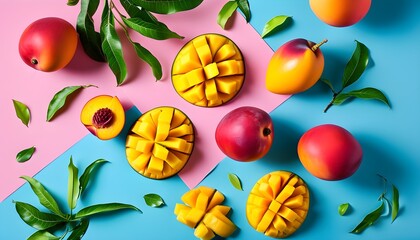 Wall Mural - Vibrant arrangement of mangoes and peaches with lush leaves on a striking pink and blue background