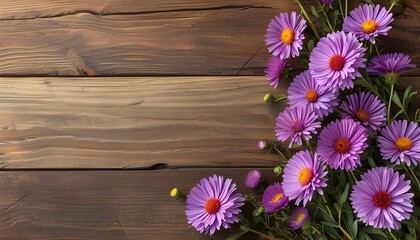 Wall Mural - Charming Asters on Rustic Wooden Background, Autumn Floral Elegance with Ample Copy Space