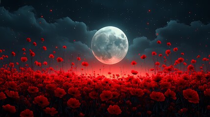 Canvas Print - A field of red poppies under a full moon and starry night sky.