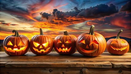 Poster - Spooky Halloween pumpkin jack o lanterns with evil faces on wooden bench table at sunset night background