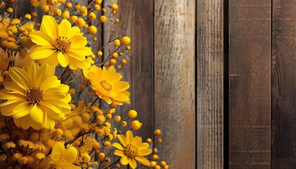 Wall Mural - Autumnal Goldenrod Blooms against Rustic Wood, Perfect for Floral Inspirations and Creative Projects