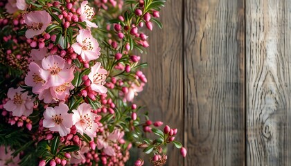 Wall Mural - Winter Floral Elegance with Heather on Rustic Wooden Background and Ample Copy Space