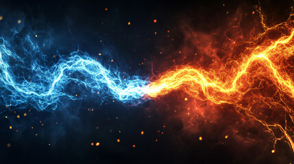 Wall Mural - Blue and orange electrical plasma lightning bolts colliding on dark background