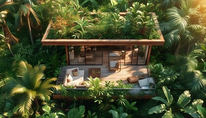 Serene aerial perspective of a modern patio surrounded by tropical greenery, showcasing inviting outdoor seating illuminated by warm natural sunlight