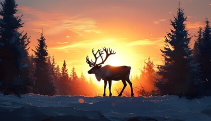 Sticker - Silhouette of Reindeer Against Sunset Forest, Capturing the Spirit of Christmas Celebration, Festive Atmosphere and Cheerful Vibes