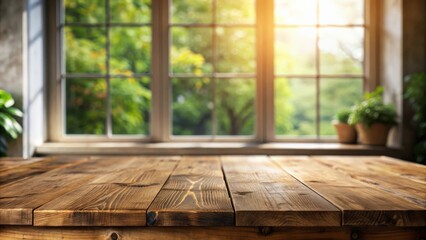 Poster - Empty wooden table with blurred window background, perfect for showcasing your products or food photography shoot