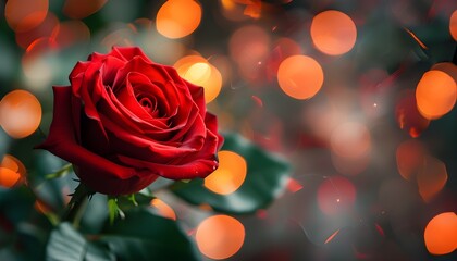 Wall Mural - Intimate close-up of a red rose amidst a dreamy bokeh backdrop, perfect for celebrating love on Valentines Day, anniversaries, or weddings with space for heartfelt messages.