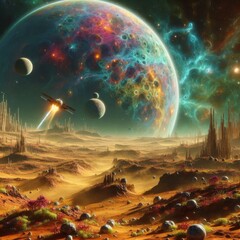 a captivating depiction of a vibrant alien landscape under a colorful sky dominated by multiple plan