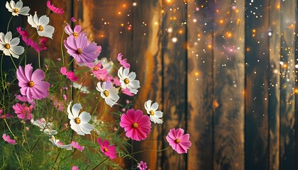 Poster - Vibrant Cosmos Blooms on Rustic Wood, Evoking Summers Essence with a Touch of Natures Beauty and Fresh Floral Inspiration