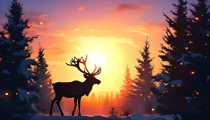 Wall Mural - Silhouette of Reindeer Against Sunset Forest, Capturing the Spirit of Christmas Celebration, Festive Atmosphere and Cheerful Vibes