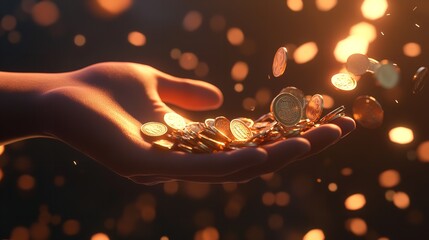 Hand holding a collection of glowing coins, with a futuristic of charts and graphs rising from the coins. background a blur vibrant lights and colors. concept of digital currency. Generative Ai.