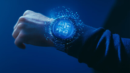 A person is holding a smart watch with a blue screen. The watch is displaying a futuristic design with a blue background