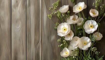 Wall Mural - Spring Bloom of Ranunculus on Rustic Wooden Surface with Ample Copy Space