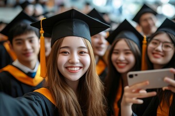 We studied together now were graduating together. Portrait of a group of students taking selfies on graduation day, Generative AI