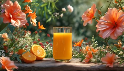 Wall Mural - Cozy summer scene with vibrant flowers and refreshing orange juice, perfect for a romantic atmosphere