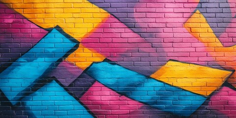 A brick wall painted with geometric shapes in blue, yellow, and pink.