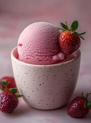 Wall Mural - A single scoop of strawberry ice cream in a white bowl with fresh strawberries.