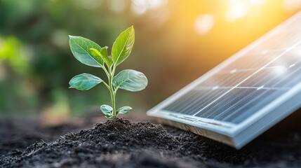 Poster - Solar panel placed beside money growing from a small plant, highlighting cost-saving potential. Ample copy space available.