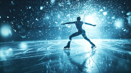 Wall Mural - Figure skating competitions. An elegant woman is skating on ice, and snow is falling around her. There is an atmosphere of excitement and energy in the picture, as the figure skater is in motion