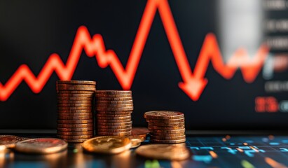 financial growth graph and coins on a dark background, with a stock market chart showing a rising arrow up ,generative ai