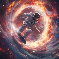 Wall Mural - An astronaut in a white spacesuit  surfs on a board through a swirling vortex of fiery gas in space.