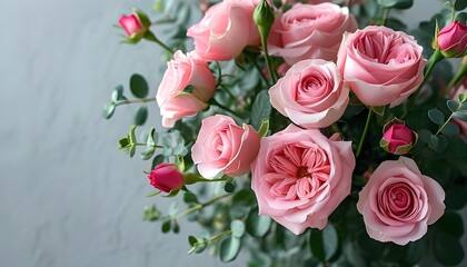 Wall Mural - Delicate pink roses bouquet on soft gray backdrop, perfect for Valentines Day, anniversaries, and weddings, with ample copy space for heartfelt messages