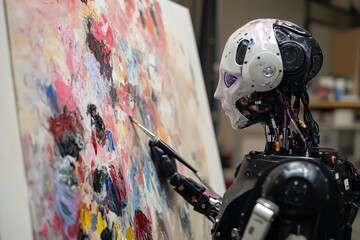 Poster - robot is painting a colorful picture on a canvas. The robot is using a brush to apply the paint, and the painting is full of bright colors and patterns. Concept of creativity and innovation