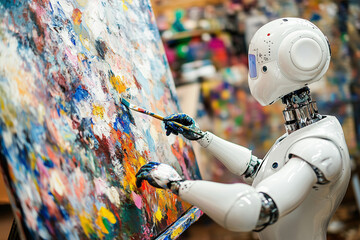 Poster - robot is painting a colorful picture on a canvas. The robot is using a brush to apply the paint, and the painting is full of bright colors and patterns. Concept of creativity and innovation