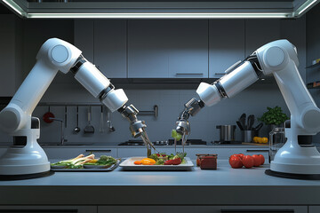 Poster - Two robots are preparing food on a counter. One robot is preparing a salad, while the other robot is preparing a sandwich. The robots are working together to create a meal