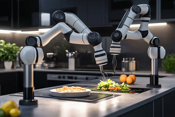 Poster - Two robots are preparing food on a counter. One robot is preparing a salad, while the other robot is preparing a sandwich. The robots are working together to create a meal