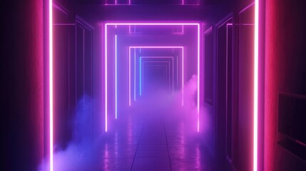 Wall Mural - A dark hallway with neon lights and smoke.