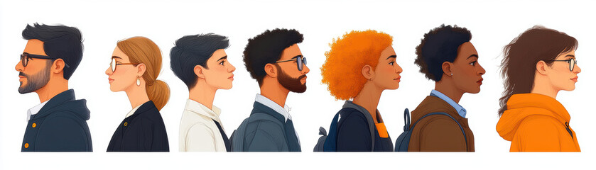 Diverse individuals of various ages and backgrounds are depicted in profile, showcasing unique hairstyles and glasses. This illustration highlights beauty of diversity and inclusion