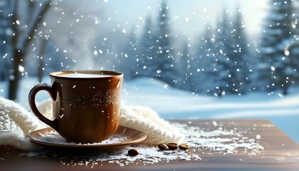 Wall Mural - Cozy winter scene with a cup of coffee on a table surrounded by soft snowflakes and serene atmosphere, perfect for creating warm moments and inviting reflections